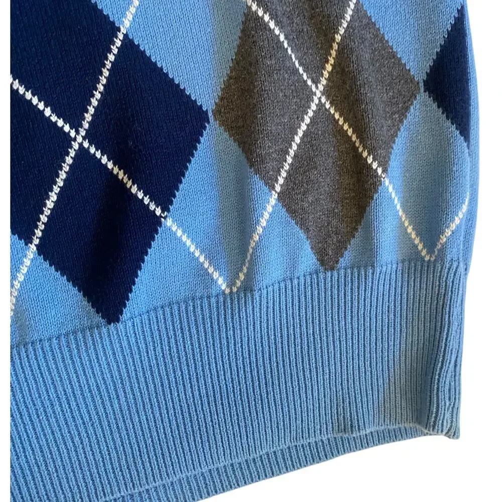 Vintage 90s Y2K Izod Diamond V-Neck Blue Sweater Size XL 100% Cotton Preppy